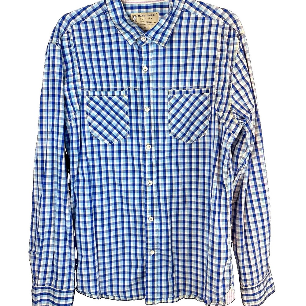 Marc Ecko Cut & Sew Mens L Blue White Plaid Woven Button Up Long Sleeve Pockets